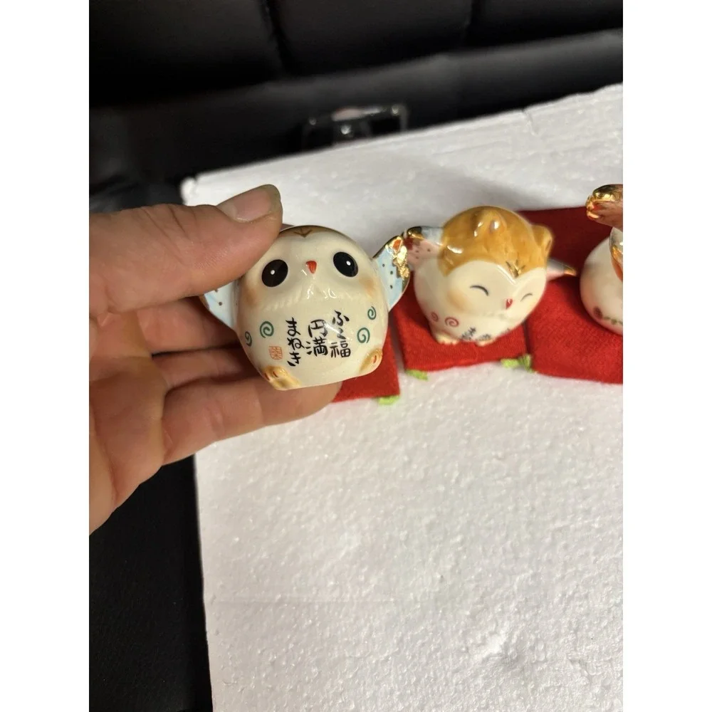 Vintage Yakushigama Japan Pottery Owls Set 5 Pcs Lucky Fukurou Fortune Decor⁠